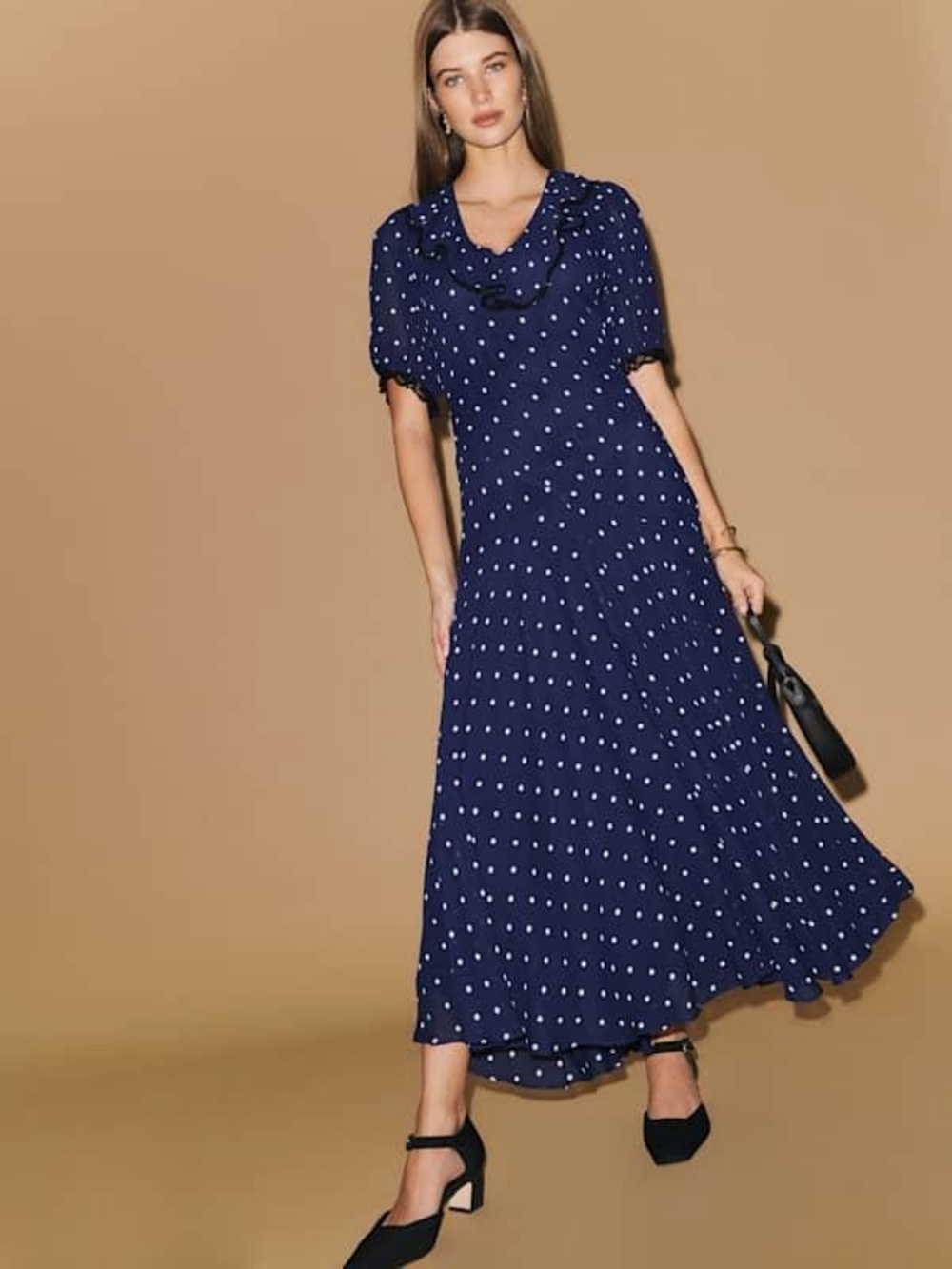 Reformation Navy Polka Dot Maxi Dress with Ruffle Collar